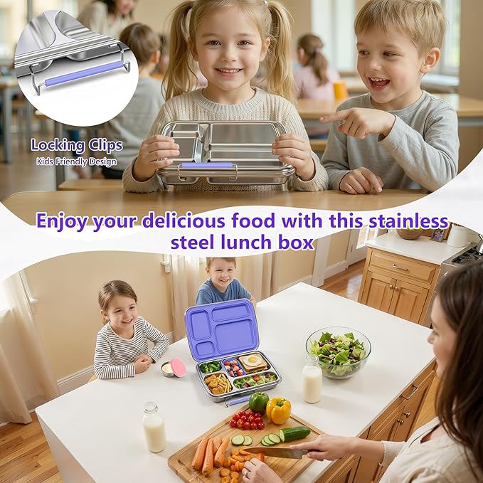 Stainless Steel Bento Lunch Box for Kids & Adults, 4 Compartment Kids Lunch Box, Metal Bento Box with Silicone Container and Stainless Steel Sauce Container,BPA-Free,School,Office(Purple)