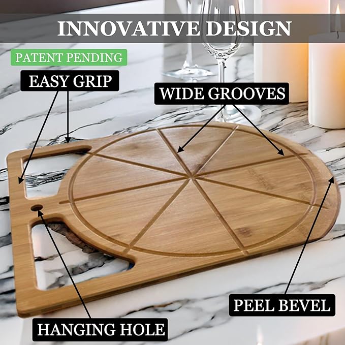 17"x13.5" Bamboo Pizza Peel & Cutting Board 2-in-1 | Dual-Grip Wooden Pizza Paddle with Pizza Spatula | Large Pizza Board Baking Accessories | Pizza Turning Peel for Oven, 2-in-1 Pizza Set