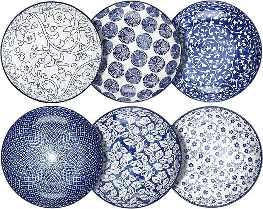 Selamica Porcelain Salad Pasta Bowls, Serving bowls, Microwave & Dishwasher Safe, Sturdy & Stackable - 26 Ounce, Set of 6, Vintage Blue