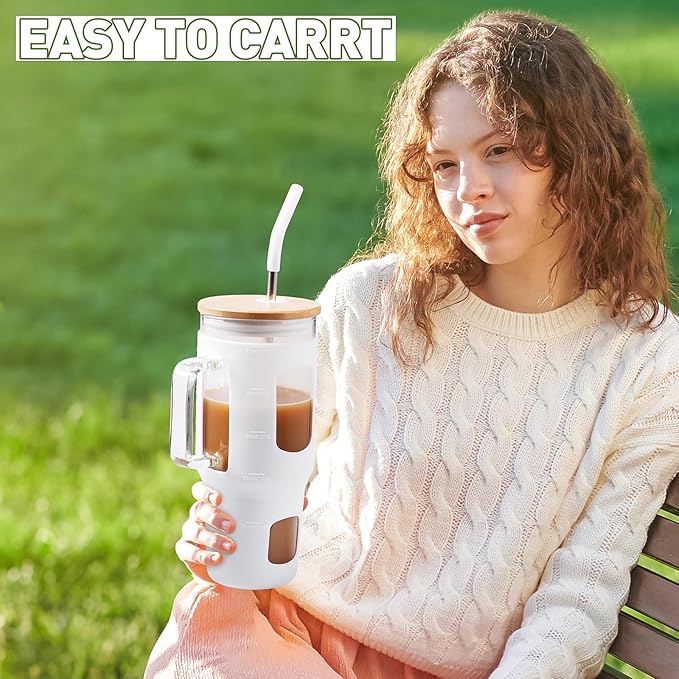 Glass Tumbler with Straw and Lid, 32 oz Glass Cup with Handle, Glass Water Bottles with Time Marker, Silicone Protective Sleeve - White