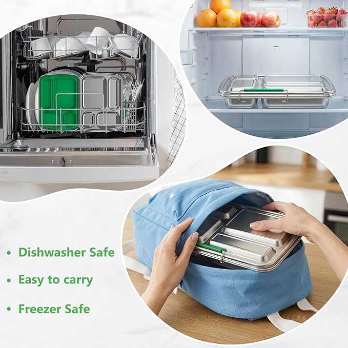 Stainless Steel Bento Lunch Box for Kids & Adults, 4 Compartment Kids Lunch Box, Metal Bento Box with Silicone Container and Stainless Steel Sauce Container,BPA-Free,School,Office(Green)