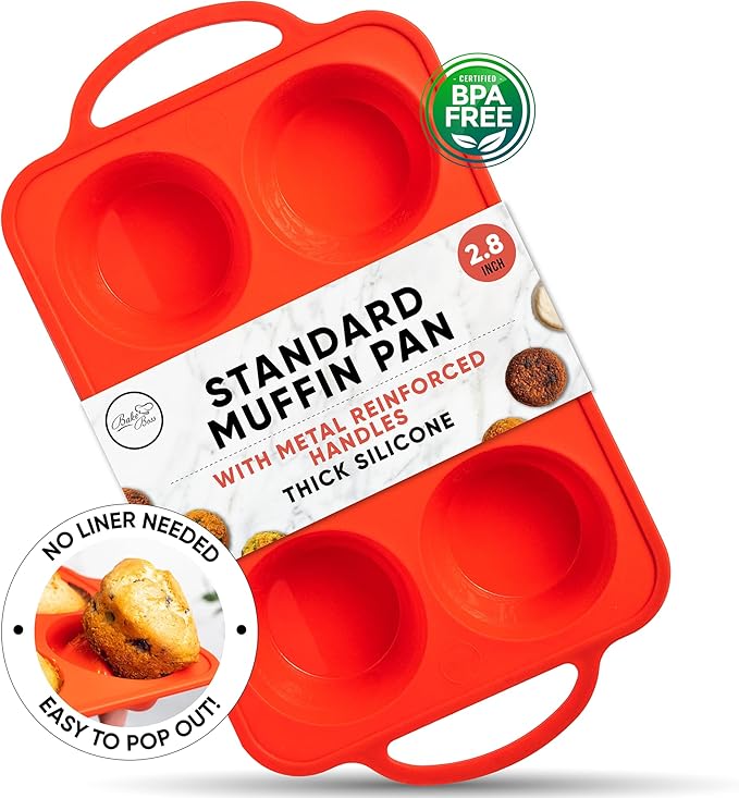 Regular Size 6 Cup Muffin Pan – Silicone Muffin Pans for Baking with Metal Handles – Nonstick Silicone Cupcake Pan, Easy-Release, BPA-Free Muffin Tray, Oven & Dishwasher Safe – Red