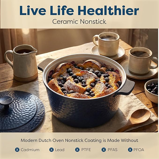 Gotham Steel Hammered 5 Qt Lightweight Dutch Oven Pot with Lid & Holders, Ceramic Non Toxic, Oven Safe & Even Heat Retaining Dutch Oven for Bread Baking Sourdough, Soup, 70% Lighter than Cast Iron