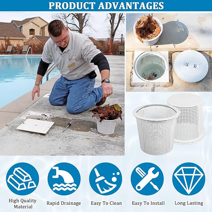 New Heavy Duty 8" Pool Skimmer Basket for Inground Pools Compatible with Pentair 85014500 & S200 Pool Skimmers | Built-in Weighting | 316 Stainless Steel Handle & Rubber Grip, White