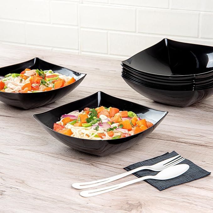 Restaurantware Moderna 32 Ounce Fancy Plastic Bowls 10 Square Disposable Salad Bowls - Durable Heavy-duty Black Plastic Bowls For Warm And Cold Foods