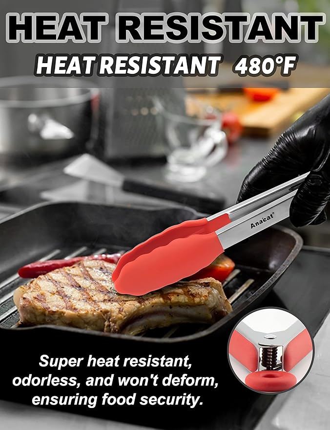 Anaeat Non-Stick Silicone Locking Tong Set of 3 - Stainless Steel 7", 9" and 12" Kitchen Food Tongs with Non-Slip Silicone Tips and Grip for Cooking, Baking and BBQ - Heat Resistant up to 480°F