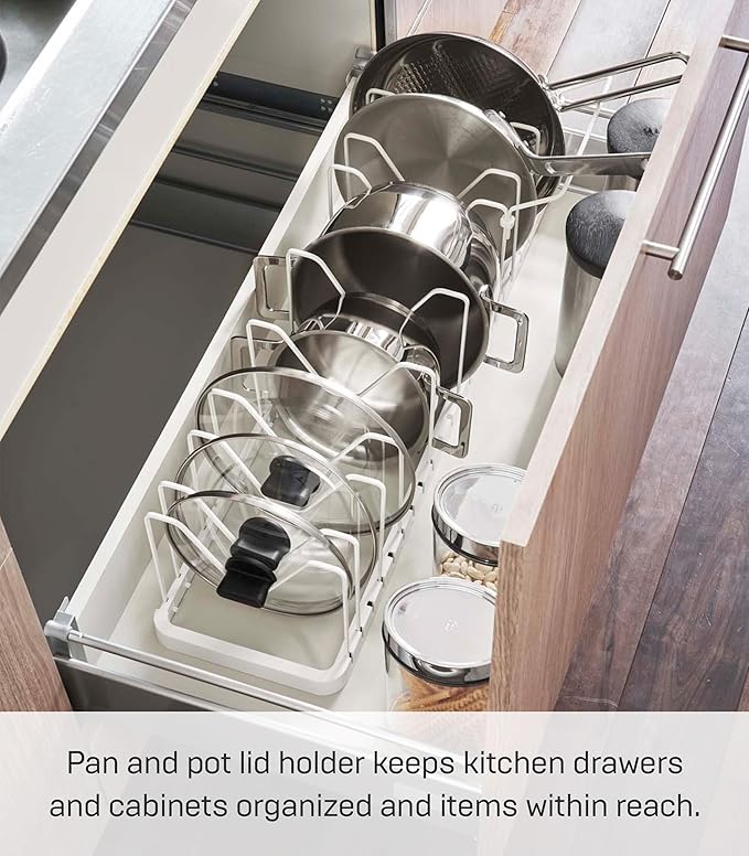 YAMAZAKI Home Tower Adjustable Lid & Pan Organizer - Kitchen Drawer Storage Shelf Rack - Steel