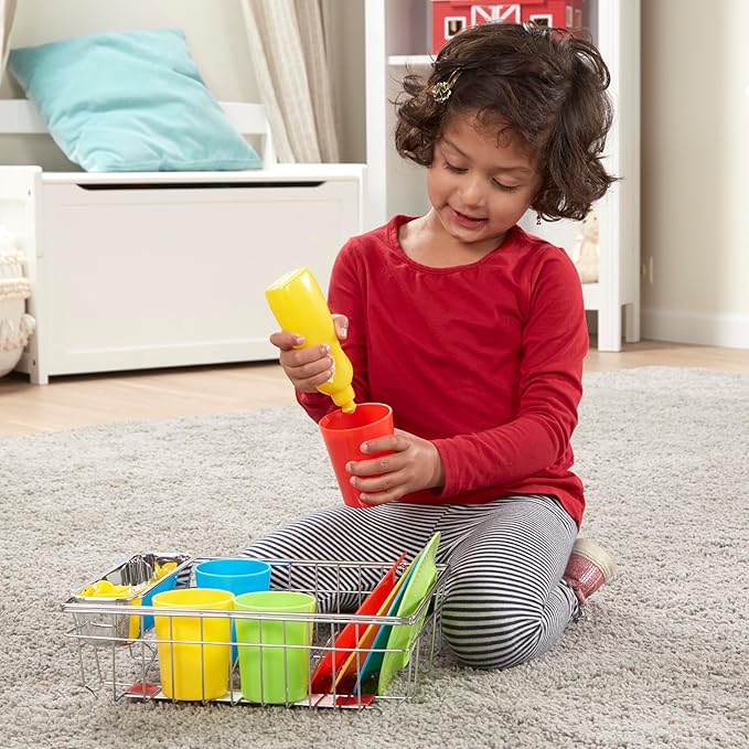Melissa & Doug Wash and Dry Dish Set - 24 Pieces Kids Play Dishes, Play Kitchen Accessories, Toy Dishes for Kids Kitchen Ages 3+