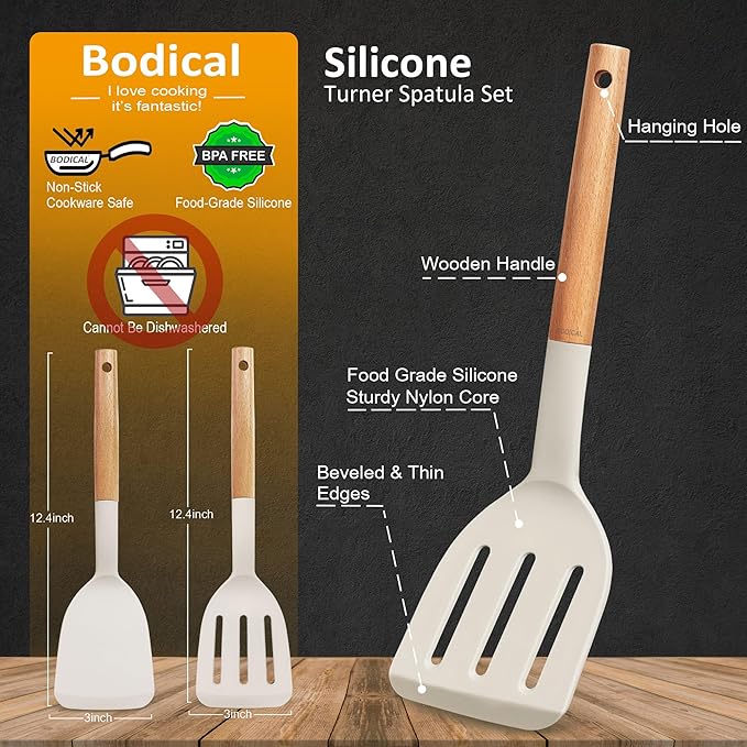 Set of 2 Silicone Spatula Turner for Nonstick Cookware, 600°F Heat Resistant Solid Slotted Kitchen Spatula Set with Wooden Handle, Cooking Utensils Set for Egg, Pancake, Fish, Burger