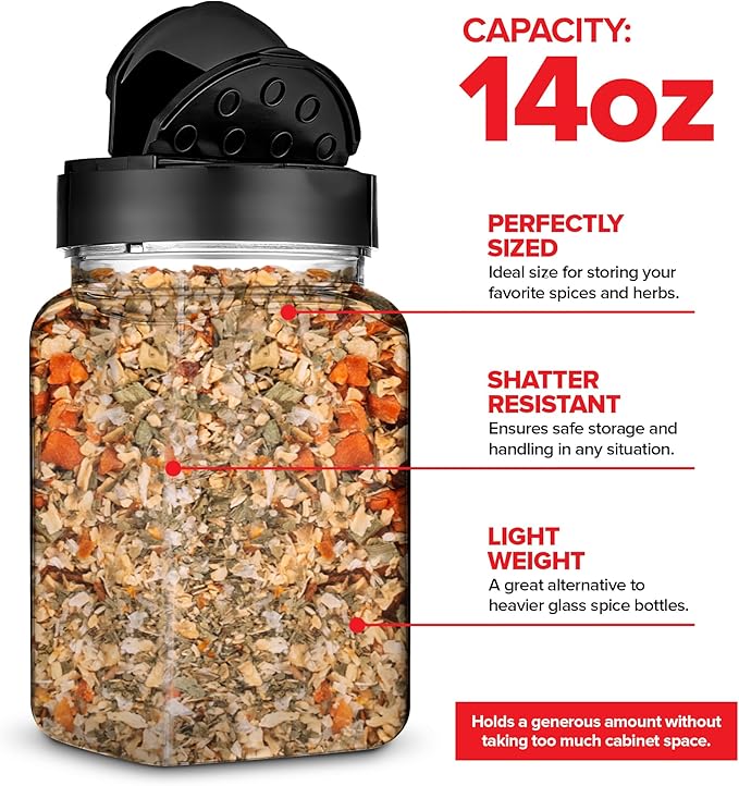 6 Pack 14 oz Plastic Spice Jars, Empty Seasoning Containers for Homemade Rub, Spices, Glitter, and More, Small Spice Containers with Black Shaker Lids and Heat-Induction Liner, Clear Spice Jars