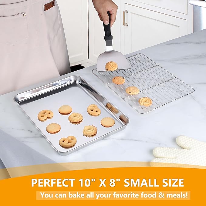 Homikit Baking Sheet with Wire Rack (1 Pan + 1 Rack), 10.5 x 8 Inches Stainless Steel Small Baking Pan with Cooling Rack, Metal Cookie Sheets Bacon Tray for Toaster Oven, Rust Free & Dishwasher Safe