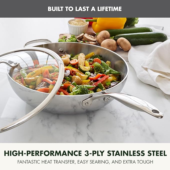 GreenPan Valencia Pro Tri-Ply Stainless Steel 12" Wok Pan with Lid, Induction Ready Cookware, All Cooktops, Sauce Pot, Mirror Finish, Dishwasher & Oven/Broiler Safe to 600F