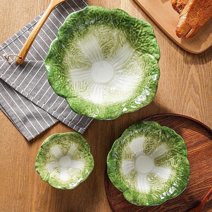 KXZ Green Cabbage Serving Bowl Set of 3 for Kitchen - Extra Large 60oz, 16oz, 5oz Nesting Mixing Bowls, Porcelain Dishes for Salad, Entertaining, Fruit, Vintage, Decorative, Ceramic Pho Soup Tureen