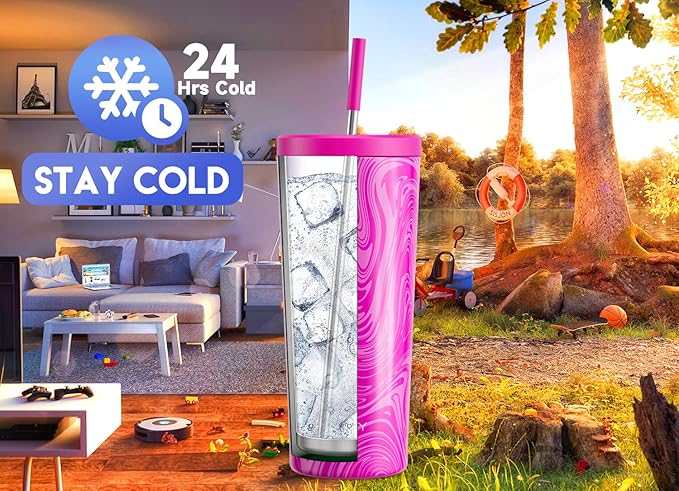 Meoky 24 oz Insulated Tumbler with Lid and Straw, Stainless Steel Vacuum Insulated Tumbler, Keeps Cold for 24 Hours, 100% Leak Proof, Fits in Car Cup Holder (Swirl)
