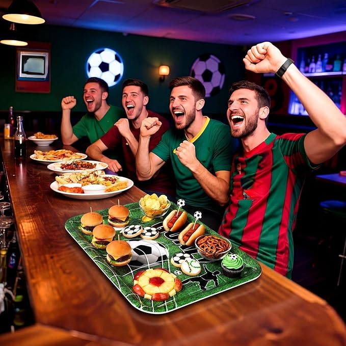 Vesici 4 Pack Soccer Melamine Serving Trays, 13 x 10 in Rectangular Serving Platters with Goal Field & Ball Pattern, Reusable Snack Appetizer Dessert Trays for Game Day Parties, Easy Clean