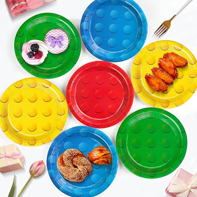 48Pcs Building Block Paper Plates, Colorful Building Bricks Themed Party Supplies 7" Building Block Disposable Plates for Birthday Baby Shower Party Decorations