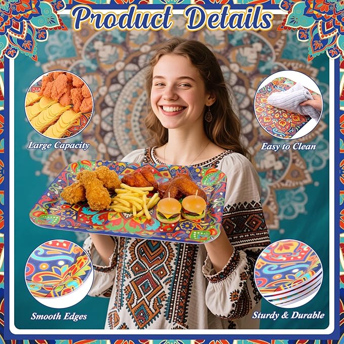 Vesici 4 Pack Mandala Melamine Serving Trays, 13 x 10 Inch Rectangular Decorative Platters with Colorful Bohemian Patterns, Durable Serving Plates for Snacks, Appetizers, Parties & Home Decoration