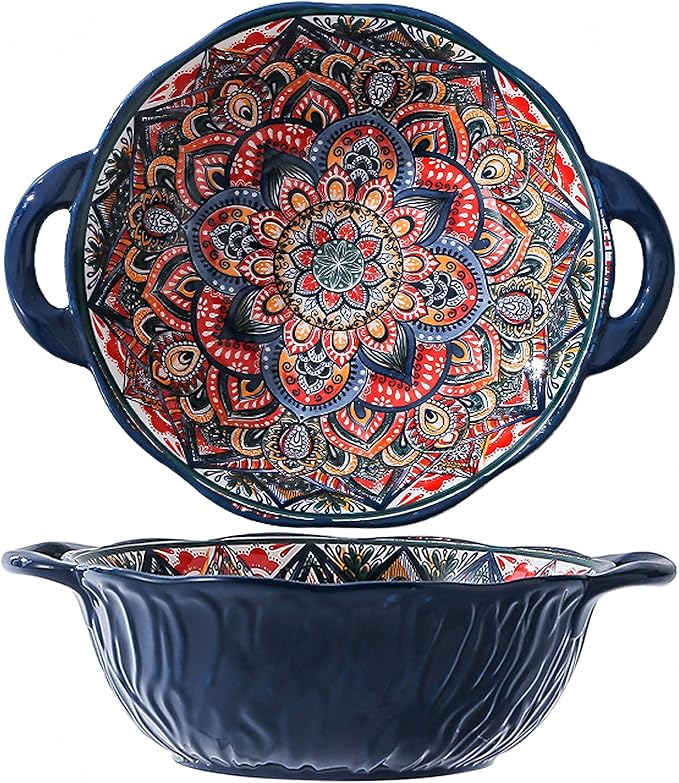 2 Pack Boho Ceramic Serving Bowls with Handles, 40 Oz Porcelain Salad Bowls, Large Serving Dishes for Entertaining, Mixing Bowls for Soup, Stew, Pasta, Cereal, Colorful Embossed Cute Bowls Set ALDS