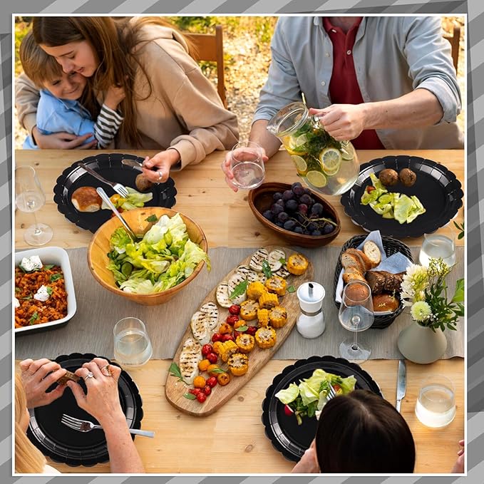 30 Pcs Black Paper Plates, 9 Inch Scalloped Disposable Black Plates Cute Dessert Dinner Plate for Wedding, Birthday, Picnic