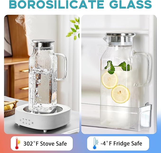 68 oz Borosilicate Square Glass Pitcher with Lid and Spout, Heat Resistant -4°F to 302°F, Lightweight Water Pitchers, Water Jugs, Glass Carafe with Handle, Ideal for Fridge Storage(2Pack)