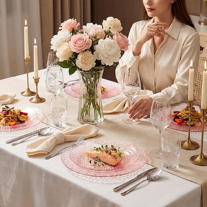 Rubtlamp 60PCS Pink Plastic Plates, Disposable Pink Easter Plates with Hammered Design, Heavy Duty Plastic Platos Fancy Party Platos Include 30 Dessert Plate & 30 Dinner Plate for Bridal Wedding
