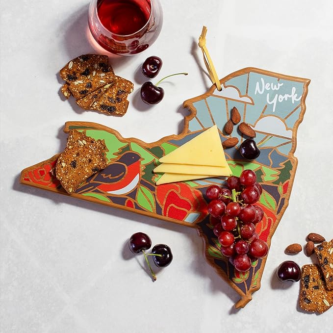 Totally Bamboo New York State Shaped Cutting Board and Charcuterie Serving Platter with Artwork by Summer Stokes, Includes Hang Tie for Wall Display