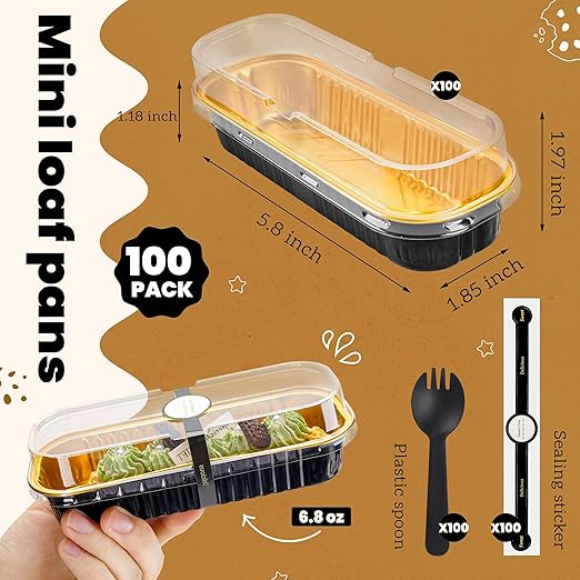 100 Pack Mini Cake Pans with Lids and Spoons Black Gold Rectangular Aluminum Foil Baking Pans Mini Cheesecake Containers(6.8oz)