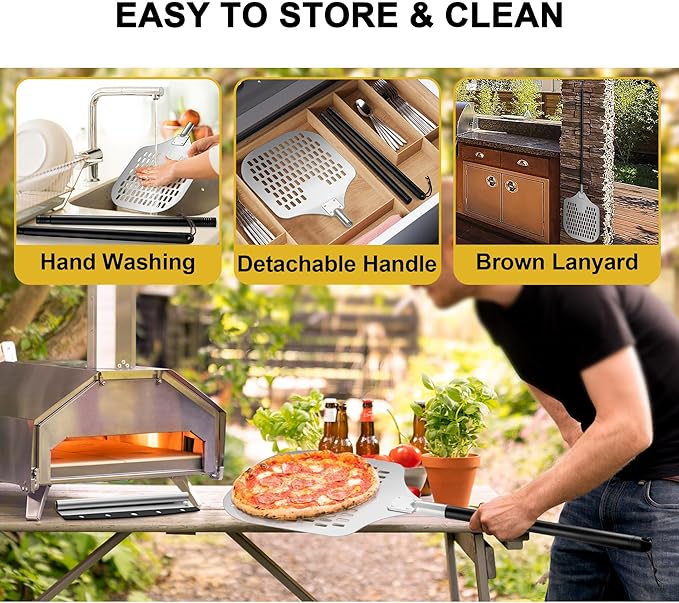 12 Inch Perforated Pizza Peel Aluminum Pizzas Spatula, Joyfair Metal Pizza Paddle with Rocker Cutter Pizza Oven Accessories Turning Tool Set, 38.5”- 49” Long Detachable Handles (Painted Handle)
