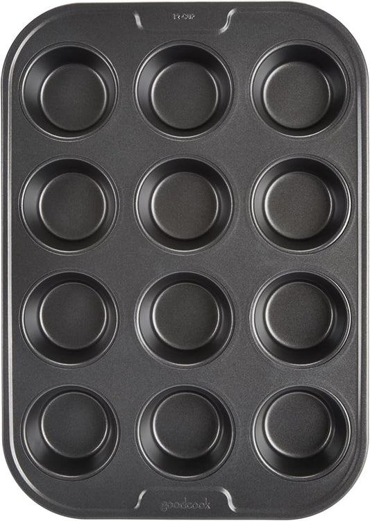 GoodCook PRO Muffin Pan Nonstick Cupcake Pan, Warp & Scratch-Resistant Dishwasher-Safe Carbon Steel Construction for Even Baking with or Without Liners, 12-Cup, Gray