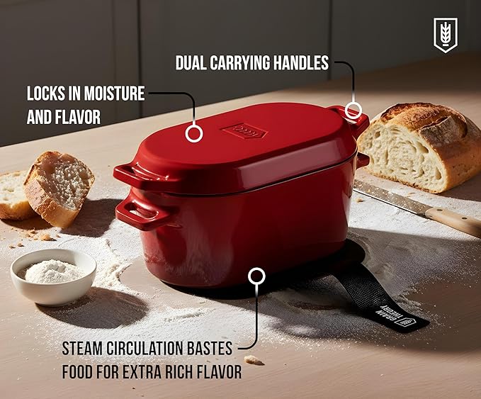 KooK Enameled Cast Iron Dutch Oven for Sourdough Bread Baking - 3.4 Qt Pot with Lid for Even Heat Distribution - Includes Silicon Bread Sling and Recipe Book for Home Bakers