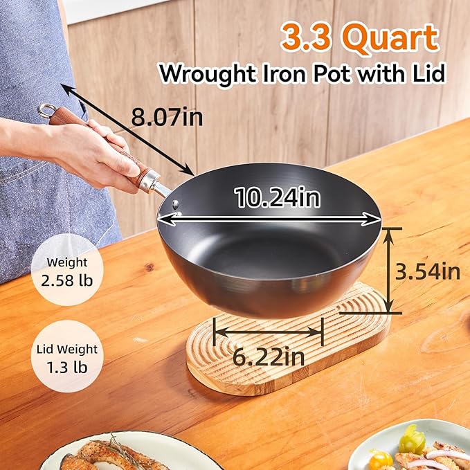 Carbon Steel Wok Flat Bottom Wok Pan 10.2 Inch with Glass Lid, Spun Iron Stir Fry Wok, Coating-Free Iron Wok Skillet Naturally Seasoning, 6.2" Base for Stable Cooking
