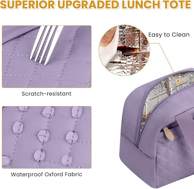 Insulated Lunch Bag for Women, Portable Lightweight Lunch Box for Adults, Reusable Small Lunch Tote Cooler Bags with Front Zipper Pocket for Work School Picnic(Purple)