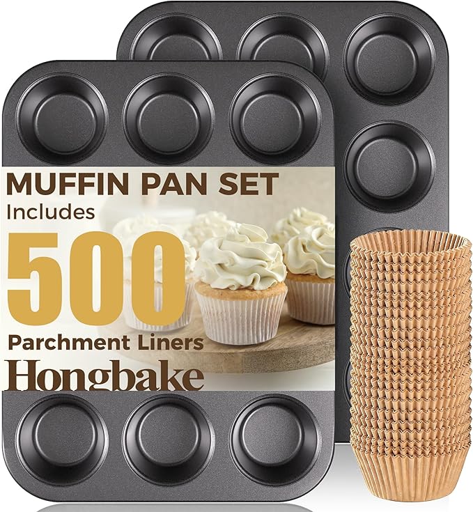 HONGBAKE Muffin Pan with 500 Cupcake Liners, Nonstick Cup Cake Tin for Baking,Premium 12 Cup Cheesecake Trays - Dark Grey