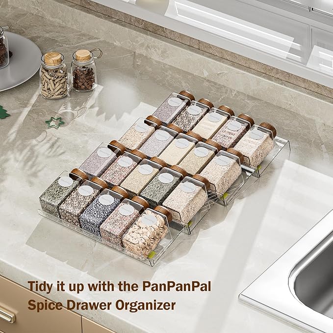 Spice Drawer Organizer, 4 Pack Clear Seasoning Organizer Rack, Expandable From 11" to 22" Wide Kitchen Spice Rack Organizers for Drawer, Countertop (Jars Not Included)