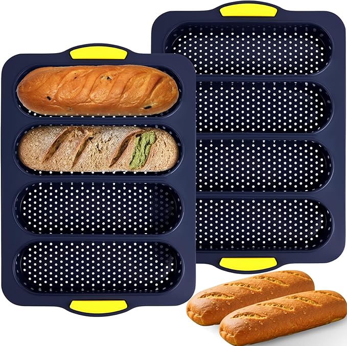 2 Pcs Silicone Bread Loaf Pan, Non-Stick Baguette Bread Pan Food Grade, 4-Cavity Perforated French Baking Mold for Homemade Bread, French Baguette, Sandwich Rolls