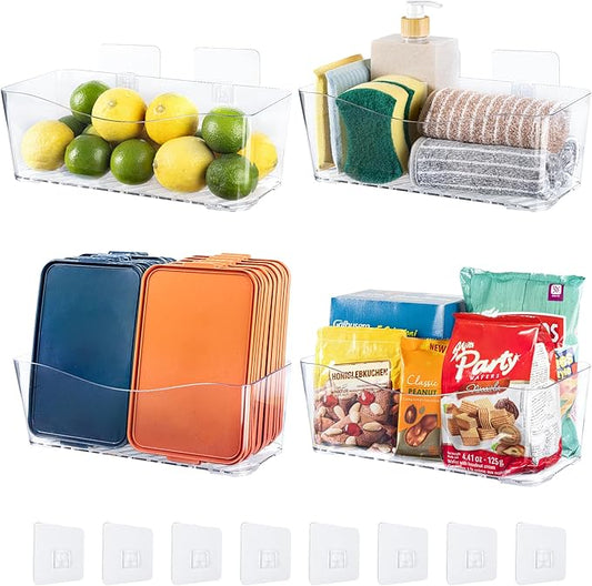 4-Pack Large Cabinet Door Organizer, 11.4" Wall Mounted Pantry Organizers and Storage, Space Saving, Drain Bottom, Adhesive Clear Plastic Storage Bins for Kitchen, Refrigerator, Countertop, Under Sink