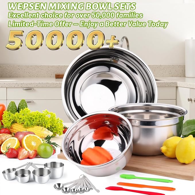 Mixing Bowls with Lid Set, 25PCS Kitchen Utensils Metal Bowl Stainless Steel Nesting Bowls, Measuring Cups and Spoons, Egg Whisk for Baking Prepping Cooking Serving Supplies