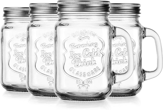 Glaver's Mason Drinking Jars – Set of 4, 15.25 Oz Clear Glass Jar with Handle and Lid. – Ice-Cold Drink Glassware Logo – Glass Mugs Ideal for Cold Beverages, Juice, Smoothie, Cocktails.