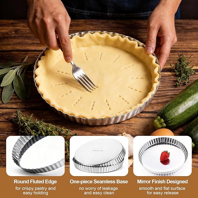E-far 9.5 Inch Tart Pan, Stainless Steel Pie Quiche Pan Baking Dish for Oven, Reusable Pie Plate Tin with Fluted Edge & Seamless Bottom, No Leakage and Dishwasher Safe, Mirror Silver