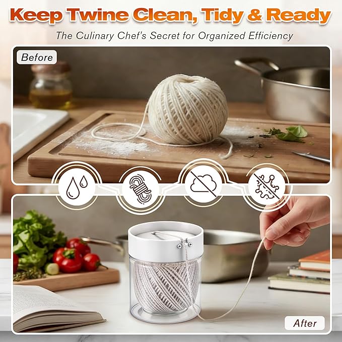 Kitchen Twine with Acrylic Twine Dispenser, 2 Pack 216FT Cooking Twines (2MM Natural Cotton), Food Safe Butchers Twines for Meat Cooking, Baking, Crafts, Gift Wrapping & Kitchen String Storage