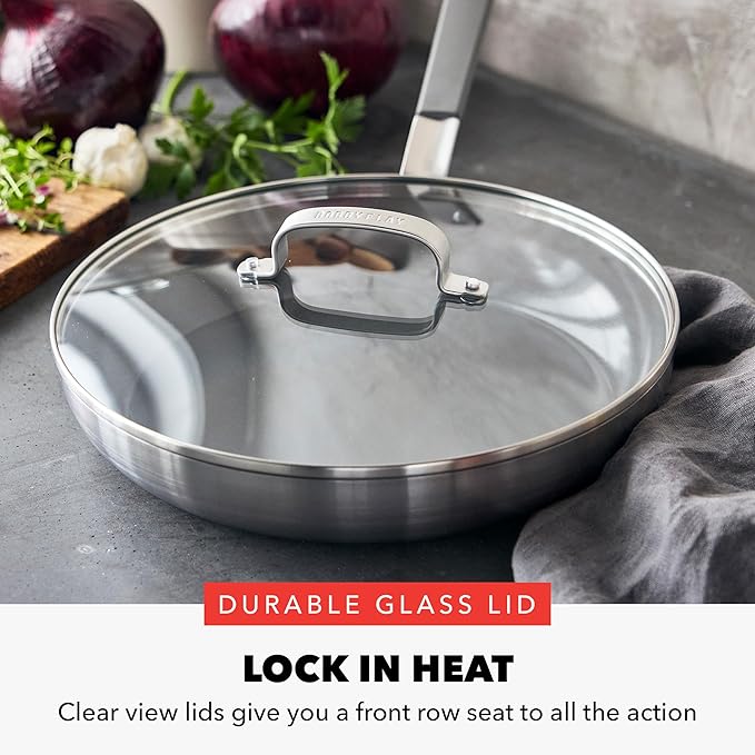 GreenPan x Bobby Flay Stainless Steel 3.75QT Saucepan and 12” Frying Pan Skillet with Glass Lids, Professional Grade Tri Ply, Induction Suitable, Dishwasher & Oven Safe, Stay Cool Silicone Handle