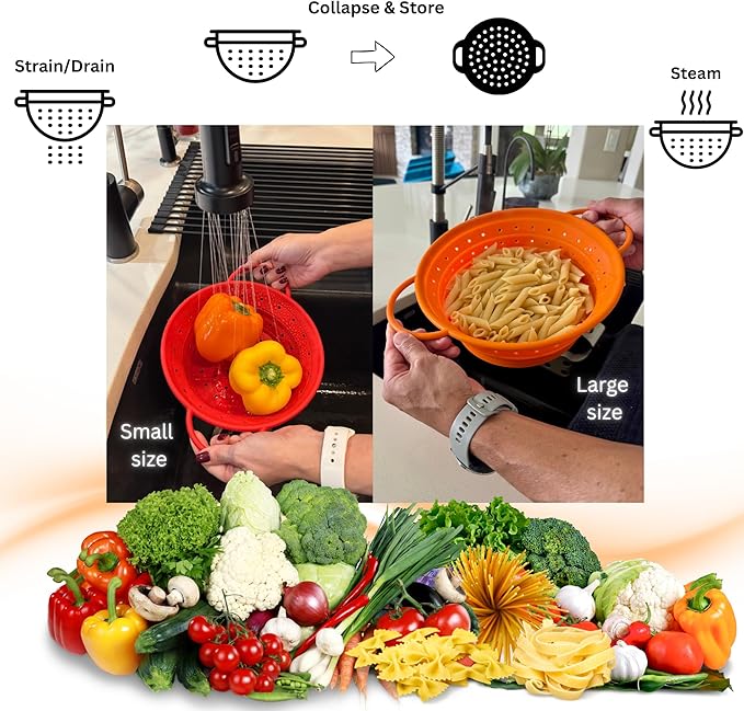 Silicone Colander, Collapsible Colander, Kitchen Food Strainer, Colander with Handles, Space-Saving Design, 2-pack