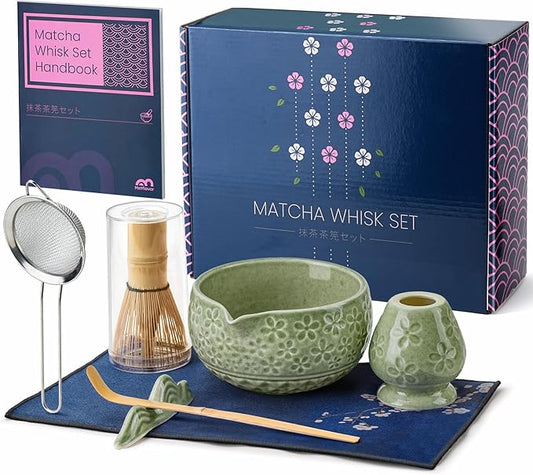 7Pcs Matcha Whisk Set, Matcha Set Whisk and Bowl,Bamboo Scoop, Scoop Rest, Sifter and Tea Towel, Matcha Kit W/Carved Cherry Blossm Pattern for Matcha Lovers (Sakura Green)