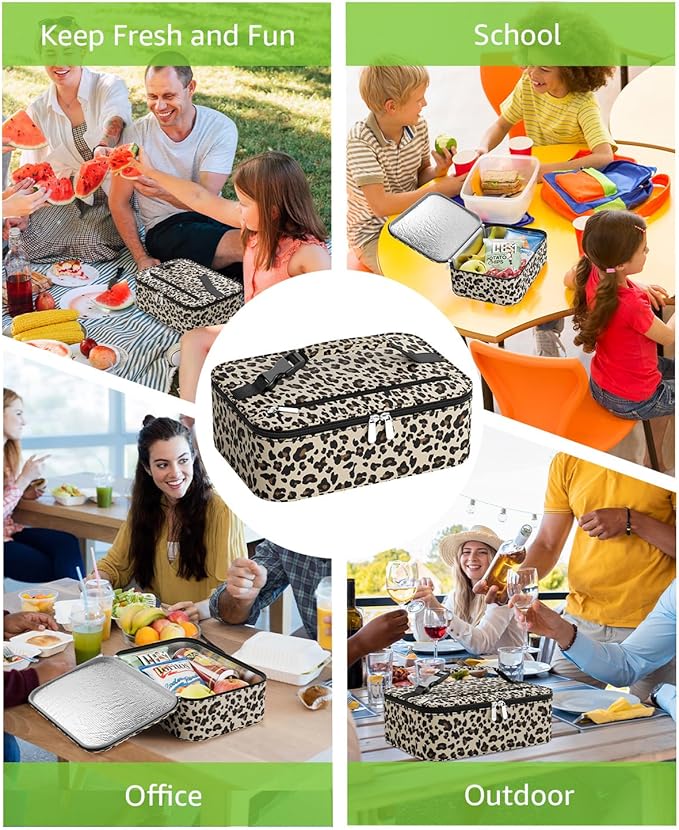 Small Lunch Box Insulated Lunch Bag for Women Men, Bento Kids Lunch Box, Compact Portable Thermal Meal Cooler Bags with Buckle Handle for Work & School, Leopard Print 5L