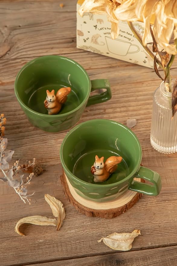 DIHOclub Farmhouse Ceramic Coffee Mug with Squirrel Figurine – Rustic Stoneware Cup, Matte Finish, Ideal for Breakfast & Home Decor (Green Squirrel)