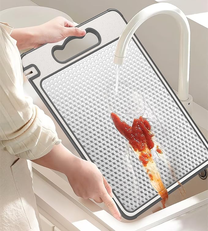 Double Sided 304 Stainless Steel & Wheat Straw Cutting Board, 16"*11" Non Toxic Lightweight Chopping Board, Separately Handle Meat and Vegetables, Dishwasher Safe, Scratch Resistant Mesh Design