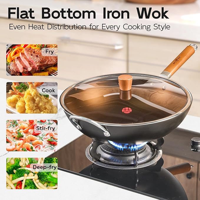 WANGYUANJI 14.2" Heavy Duty Carbon Steel Wok (Seasoning Required), Extra Large Refined Iron Stir Fry Pan for 4-6 People, Uncoated Flat Bottom Induction Wok