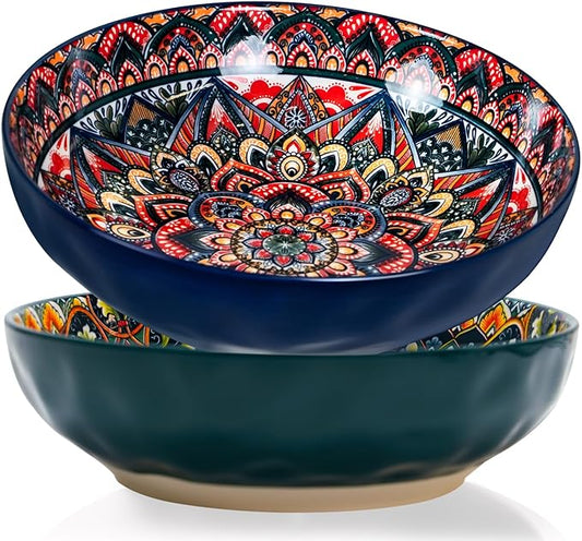 Large Serving Bowls, 10 inch Porcelain Bowls, 75 Oz Fruit Salad Soups & Pasta Bowls for Entertaining, Dinner, Party - Stylish Decorative Dishes, Set of 2, Microwave & Dishwasher Safe - GREEN
