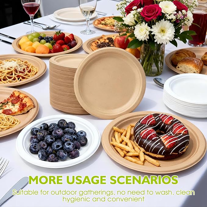 10 Inch, 500 Pack Compostable Paper Plates Round Unbleached Brown Plates Made from Natural Sugarcane Fibers, Biodegradable Heavy Duty Disposable Plates for Party, Camping, Picnic