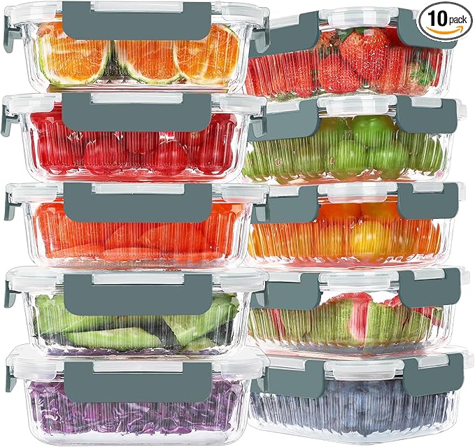 KOMUEE 10 Packs 22 oz Glass Meal Prep Containers with Lids, Airtight Glass Lunch Containers, BPA Free, Microwave, Oven, Freezer and Dishwasher Friendly, Gray